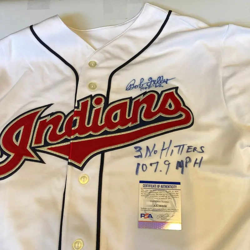 Bob Feller 3 No Hitters 107.9 MPH HOF 1962 Signed Cleveland Indians Jersey PSA