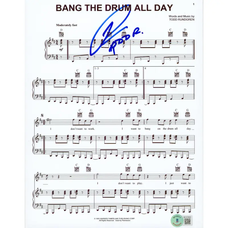 Todd Rundgren Utopia Signed 8.5x11 Bang The Drum All Day Music Sheet Photo BAS