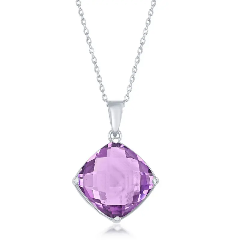 Sterling Silver Four-Prong 1.453cttw Amethyst Diamond-Shaped Necklace