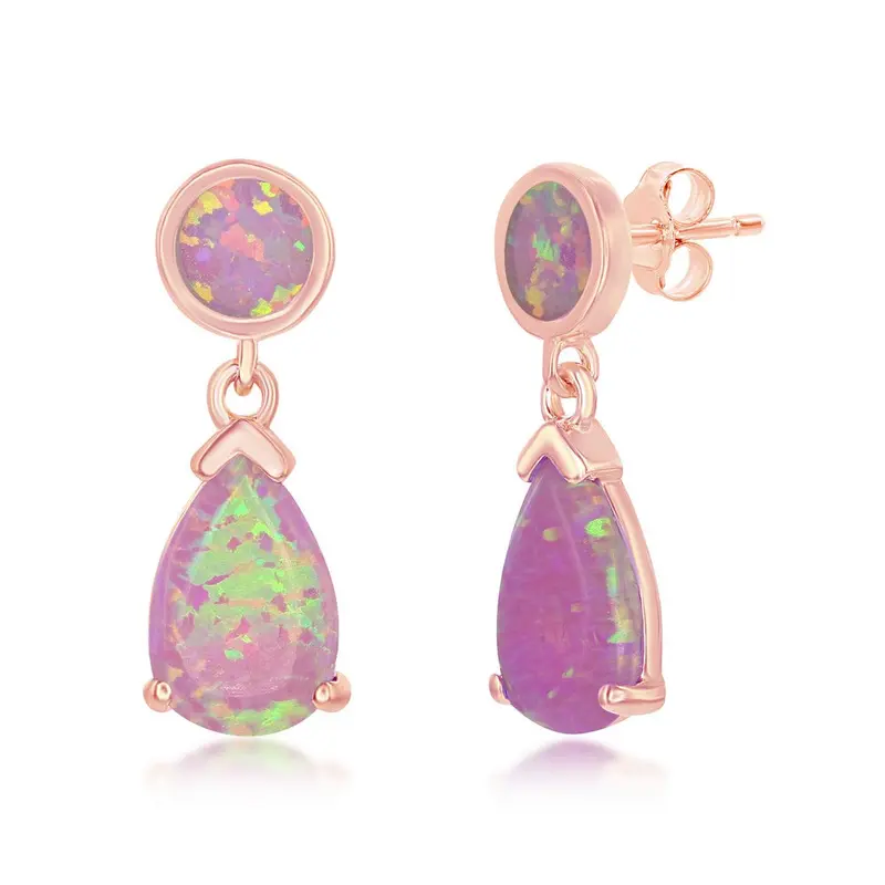 Sterling Silver RG Pink Inlay Opal Round and Teardrop Earrings