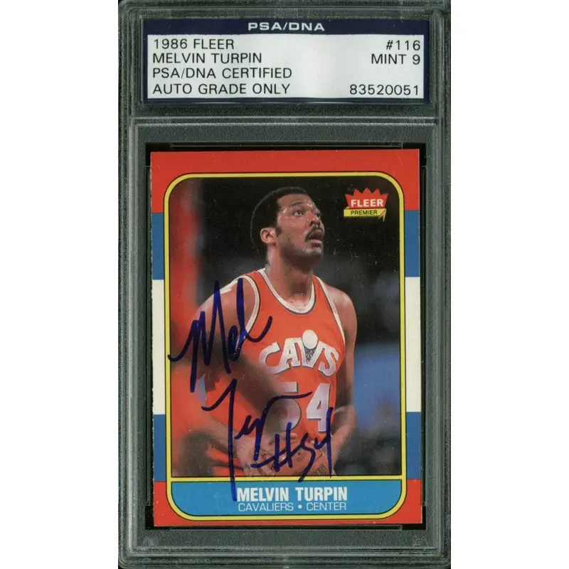 Cavs Melvin Turpin Signed Card 1986 Fleer #116 Auto Graded Mint 9 PSA Slabbed 1