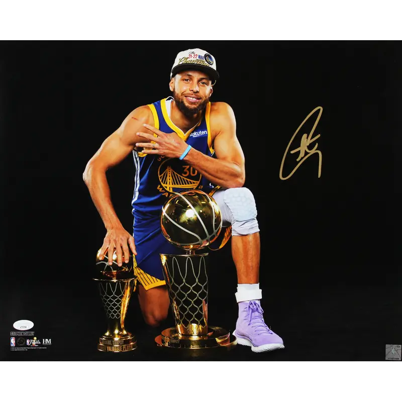 Warriors Stephen Curry Signed 16x20 Horizontal Trophy Blackout Photo JSA