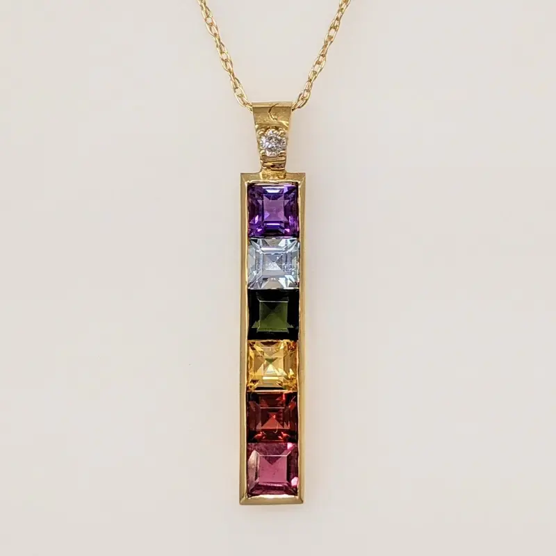 14K MULTI-COLORED PRINCESS CUT (6) 4MM WITH MELEE ESTATE PENDANT & CHAIN 2.8 GRAMS