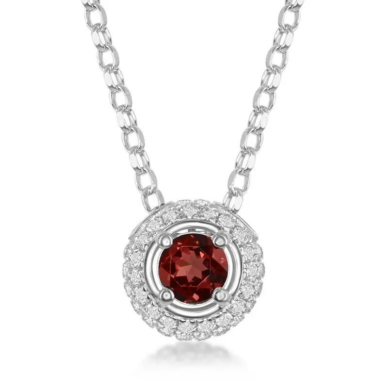 Sterling Silver 4mm Round Garnet Surrounded by White Topaz 1.36cttw Pendant