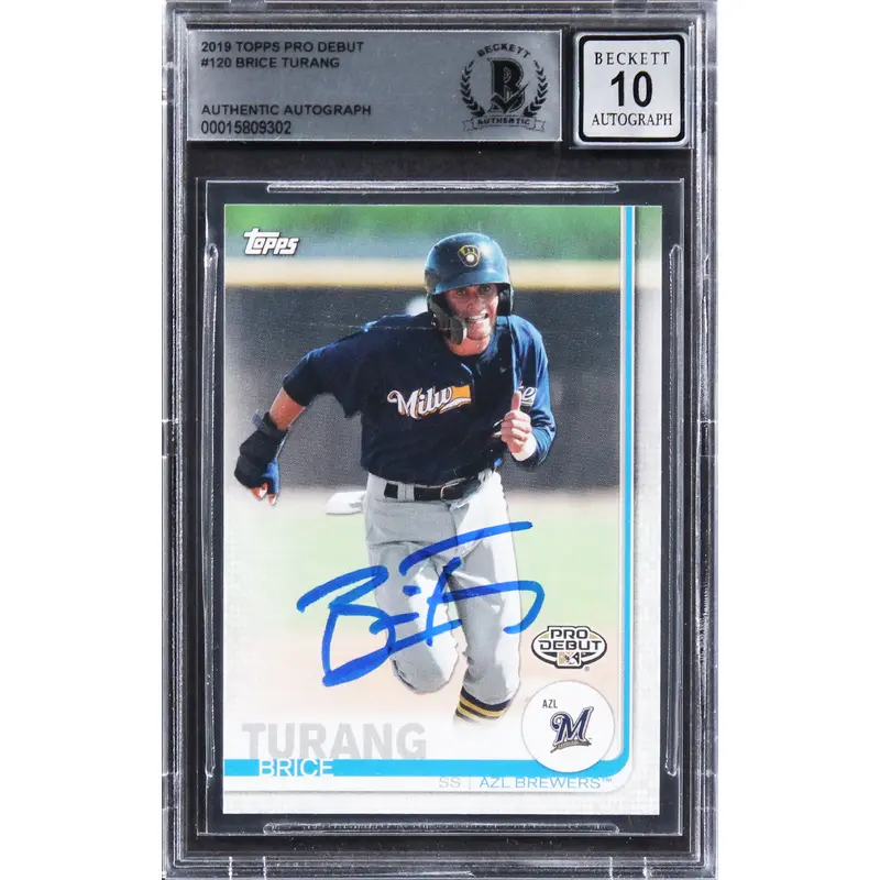 Brewers Brice Turang Signed 2019 Topps Pro Debut #120 Card Auto 10! BAS Slabbed