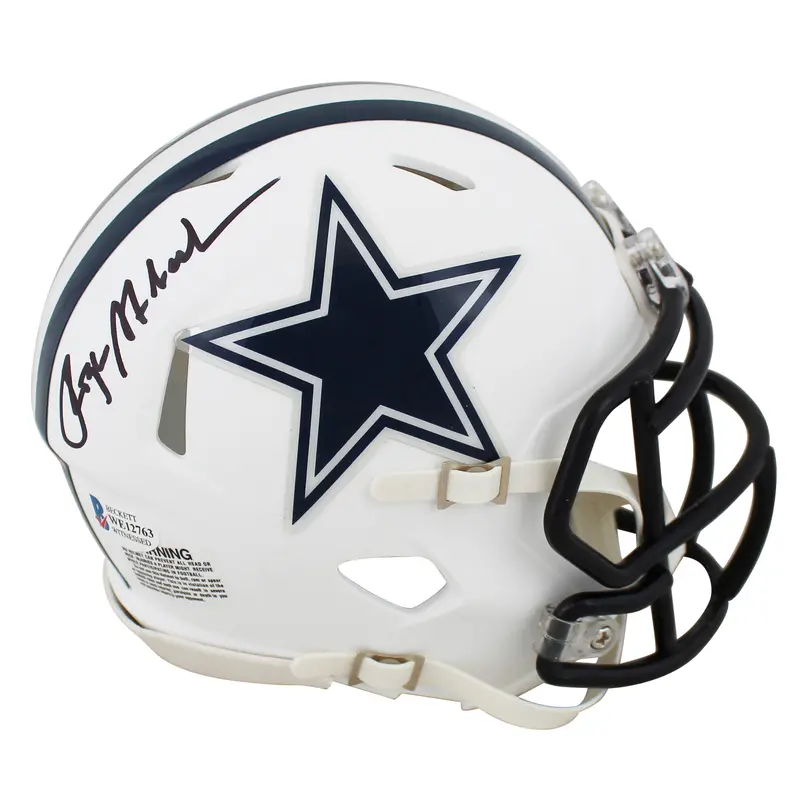 Cowboys Roger Staubach Signed Flat White Speed Mini Helmet w/ Black Sig BAS Wit