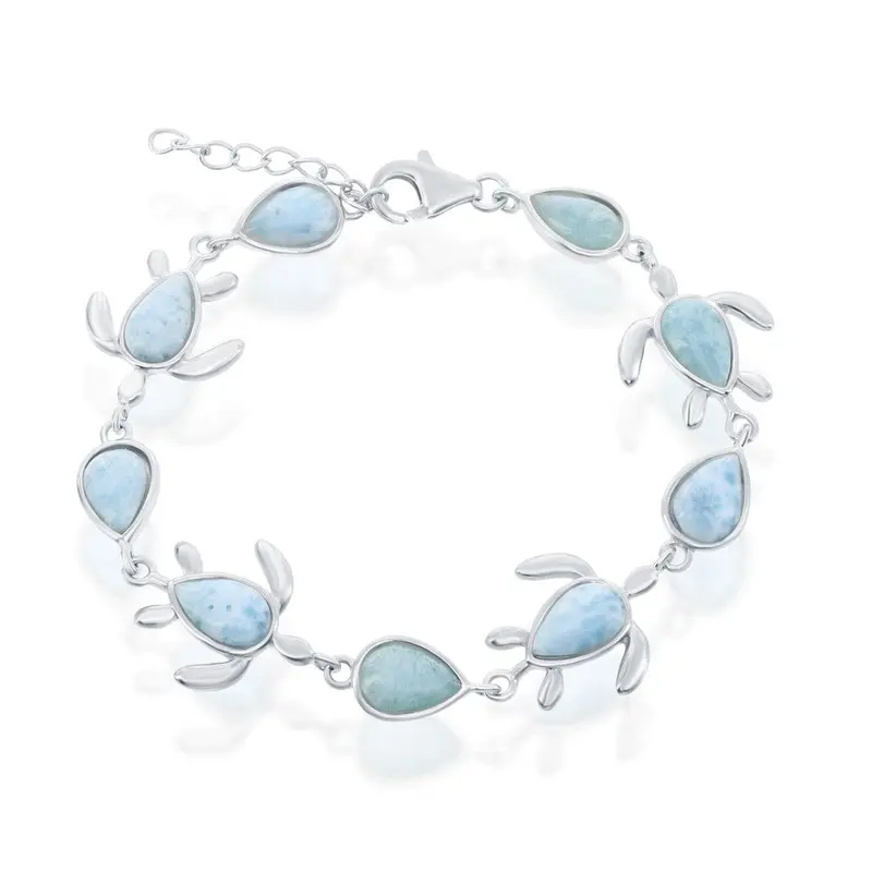 Sterling Silver Alternating Larimar Turtle and Pear-Shaped Bracelet