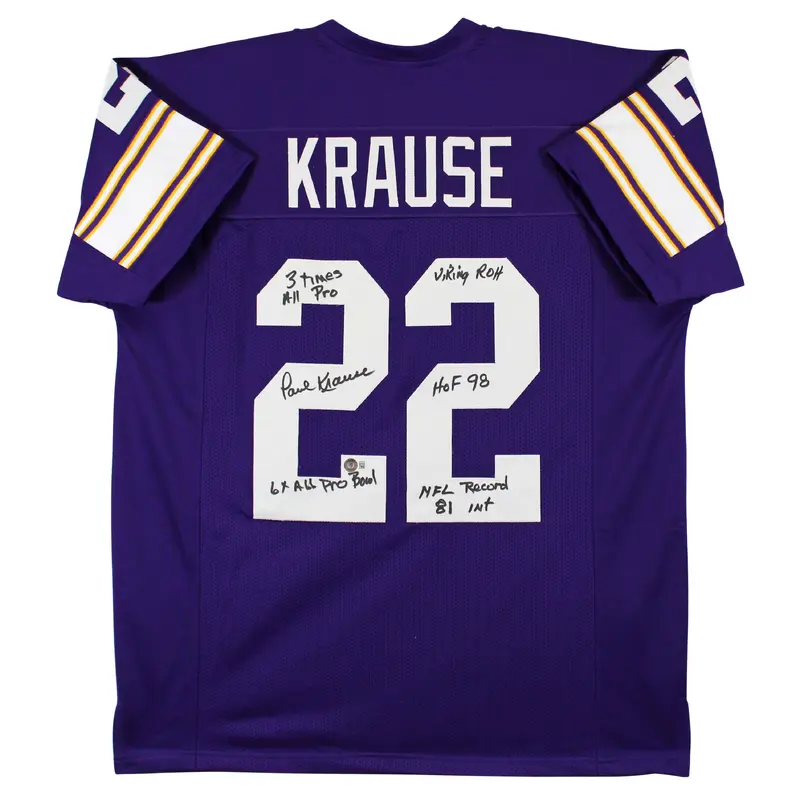 Paul Krause "Stat"  Authentic Signed Purple Pro Style Jersey BAS Witnessed 4