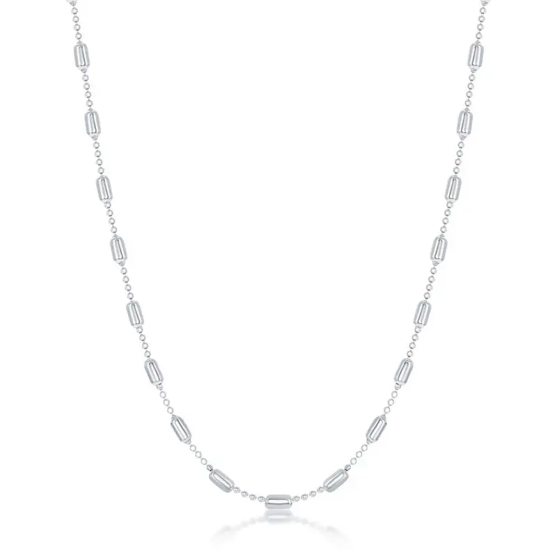 Sterling Silver Long Bead Chain - Rhodium Plated