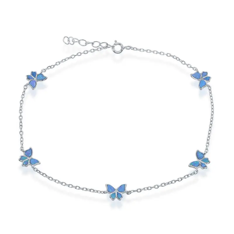 Sterling Silver, Butterfly Anklet - Blue Opal