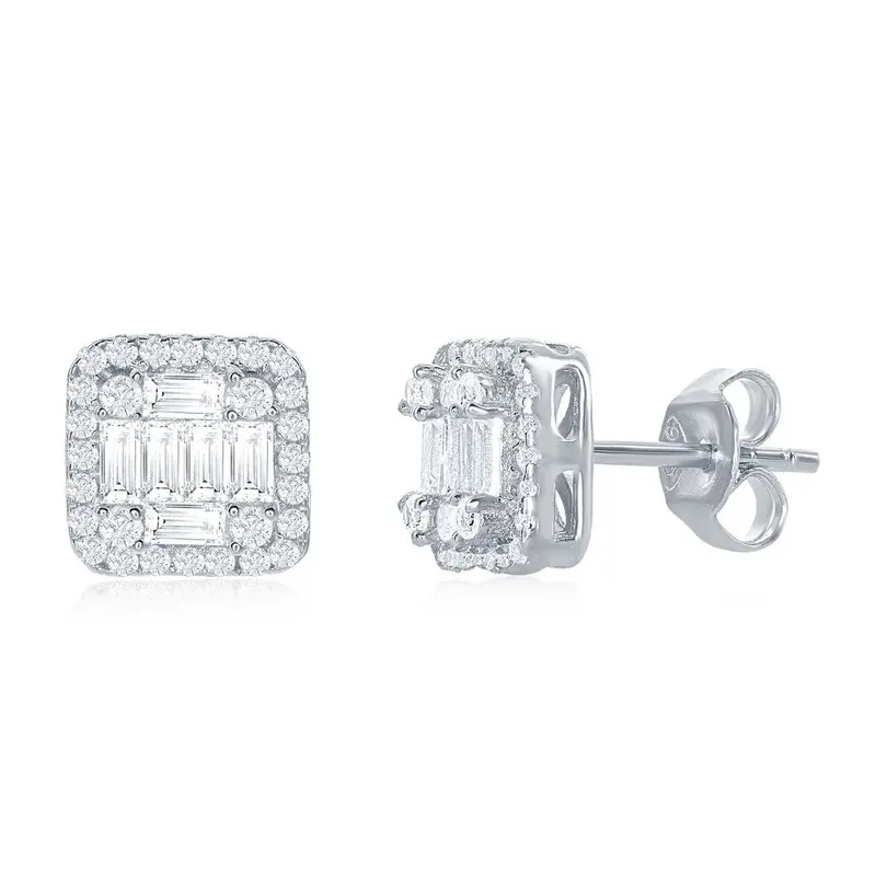 Sterling Silver Square Baguette CZ Stud Earrings