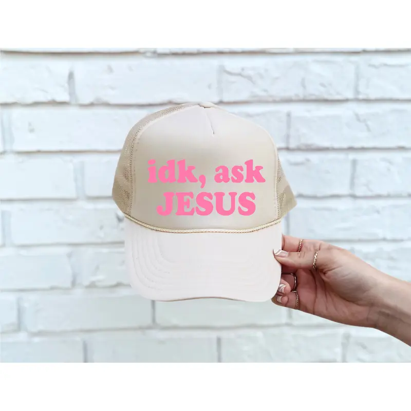 Ask Jesus DTF Printed Tan Trucker Hat