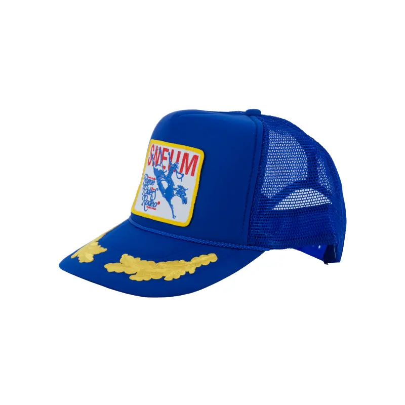 SNEUM RRR Logo Trucker Cap W. Gold Leaves In Royal Blue