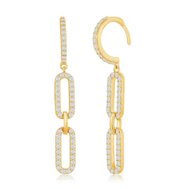 Sterling Silver, Double Link CZ Paperclip Earrings - Gold Plated