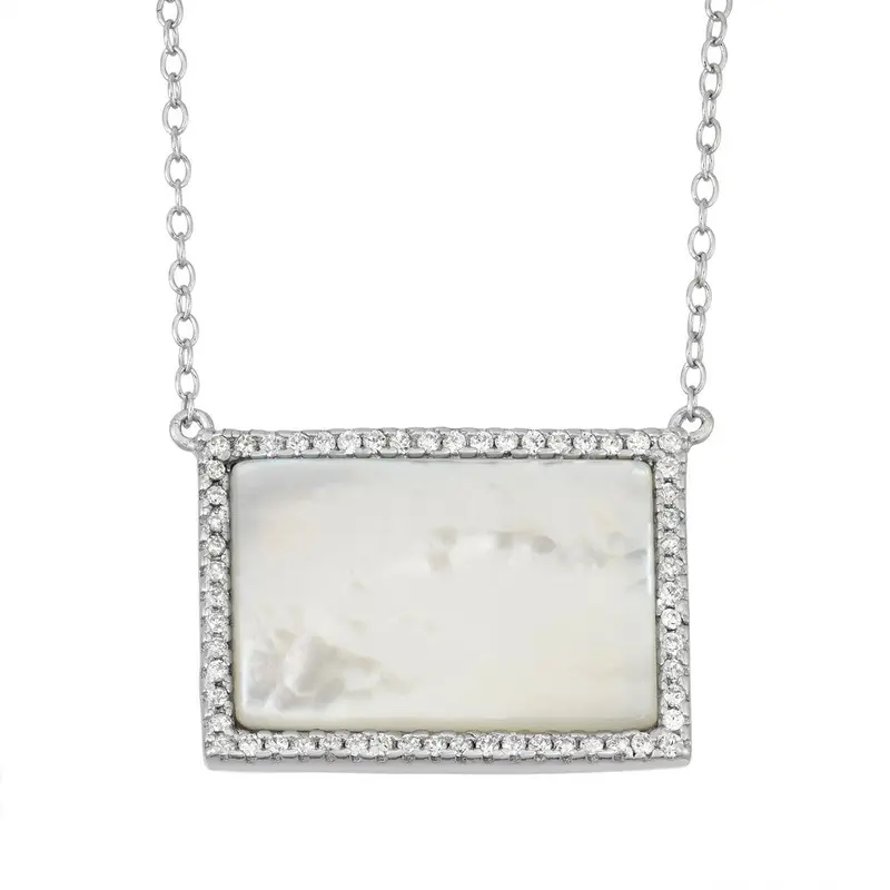 Sterling Silver  Rectangle MOP with CZ Border Necklace