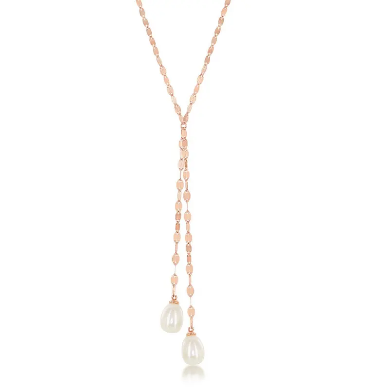 Sterling Silver Mirror Chain with FWP Lariat Necklace - Rose Gold Plated
