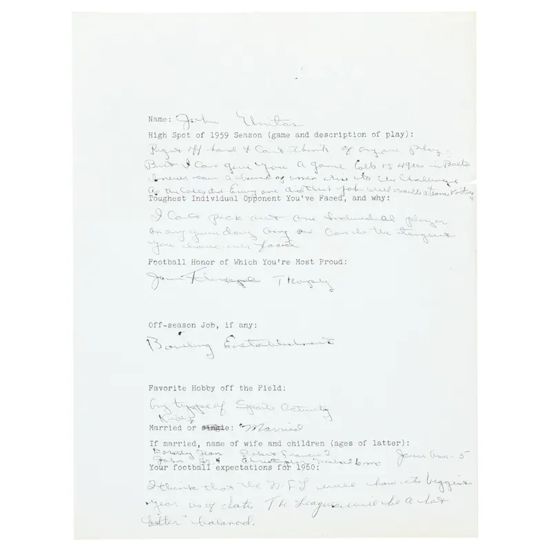 Incredible Johnny Unitas 1959 Signed Handwritten Questionnaire PSA DNA COA