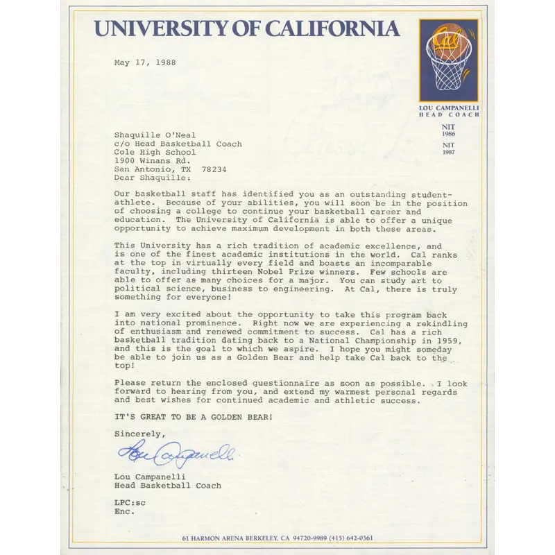 1988 University of California Shaquille O'Neal Recruitment Letter