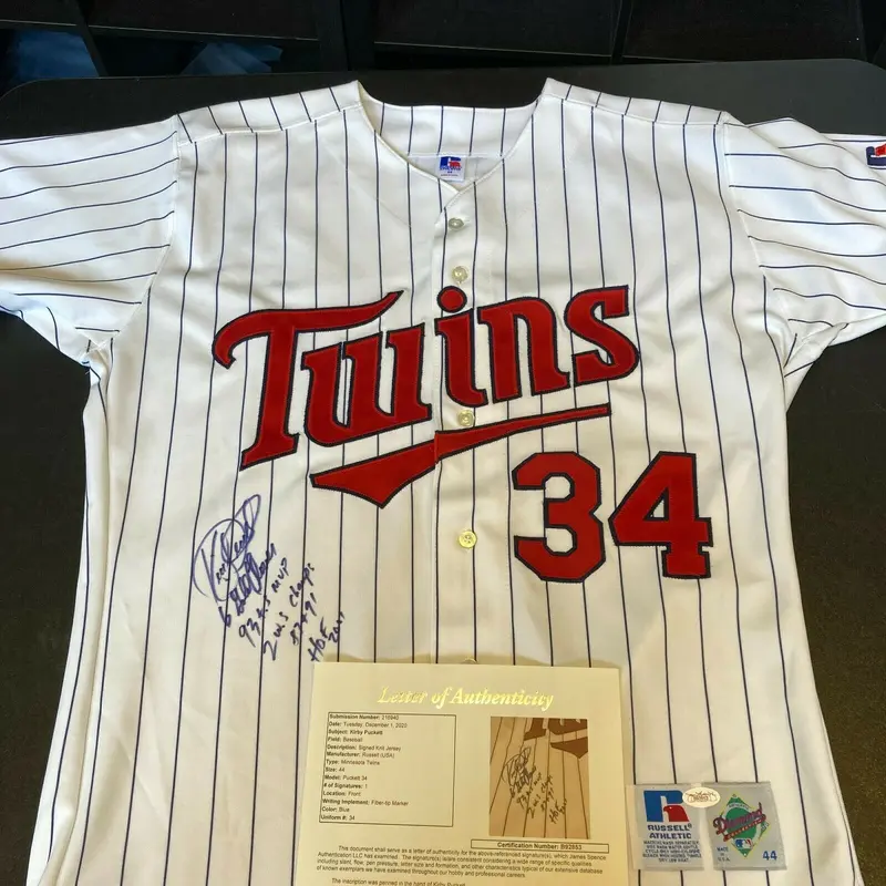 Beautiful Kirby Puckett Signed Heavily Inscribed Minnesota Twins STAT Jersey JSA