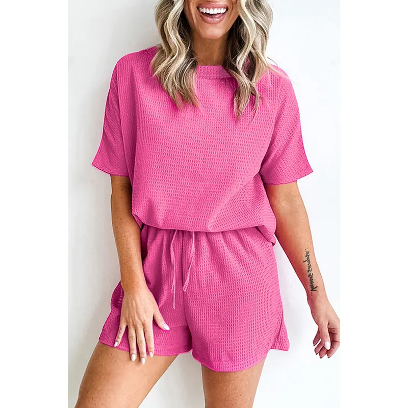 Rose Red Casual Textured Tee and Drawstring Shorts Set