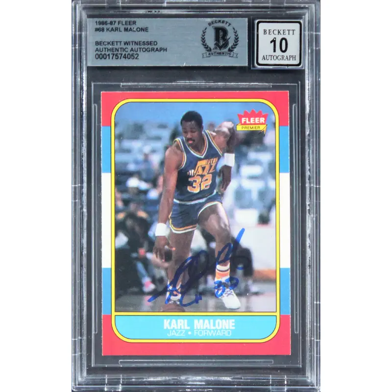 Jazz Karl Malone Signed 1986 Fleer #68 Rookie Card Auto 10! BAS Slabbed