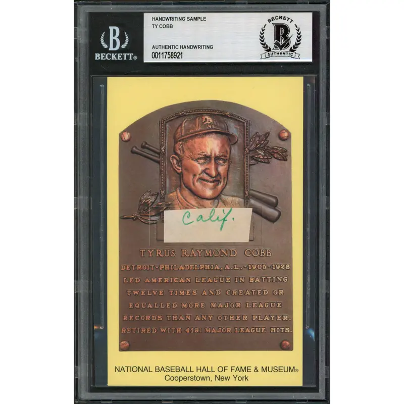 Tigers Ty Cobb Writing Sample 3.5x5.5 HOF Plaque Postcard BAS Slabbed 20