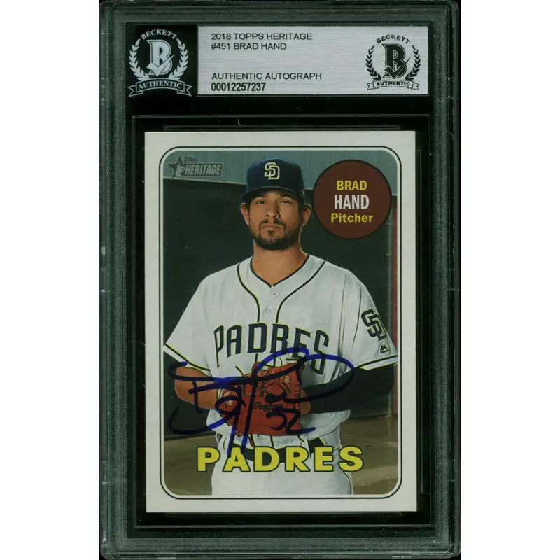 Padres Brad Hand Authentic Signed 2018 Topps Heritage #451 Card BAS Slabbed