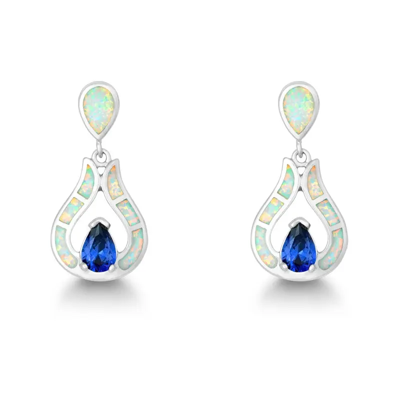 Sterling Silver White Inlay Opal Teardrop with Center Blue CZ Earrings