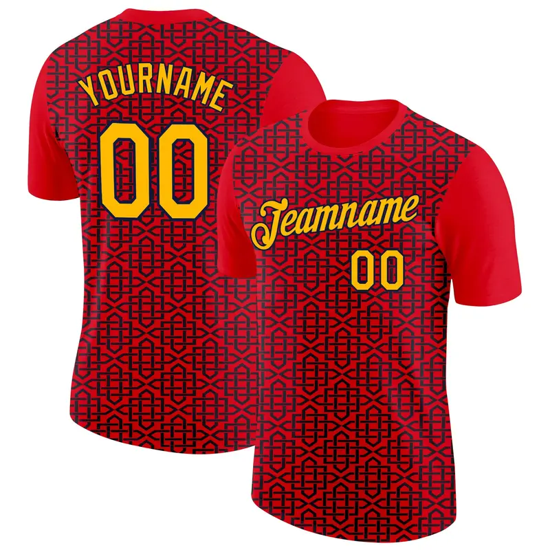 Custom Fire Red Gold Black-Navy 3D Esports Performance T-Shirt
