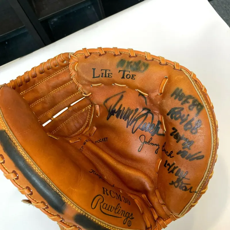 Johnny Bench Signed Heavily Inscribed STATS Game Model Catchers Mitt JSA COA
