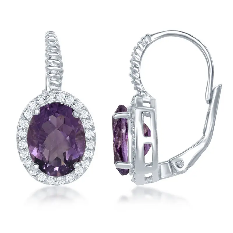 Sterling Silver Oval Amethyst with White Topaz Border Earrings