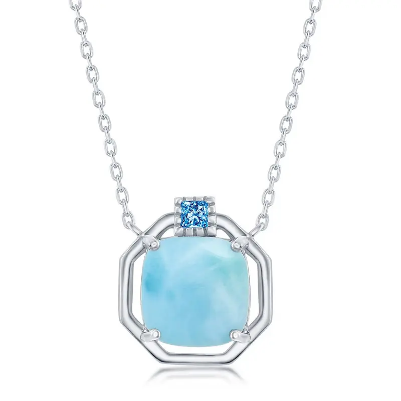 Sterling Silver, Cushion-Cut Larimar with CZ Hexagon Necklace