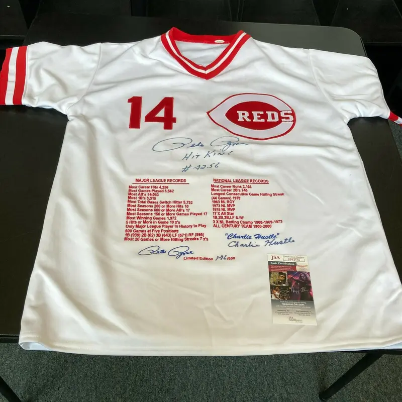 Pete Rose Hit King #4256 Signed Inscribed Cincinnati Reds STAT Jersey JSA COA
