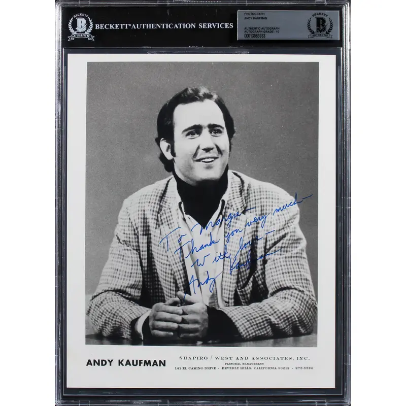 Andy Kaufman "Thank you very much" Signed 8x10 B&W Photo Auto Graded 10 BAS Slab
