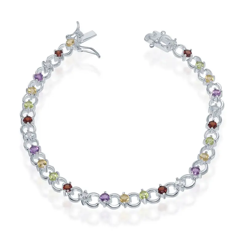 Sterling Silver Circle Bracelet, Multi Colored Gem Stones