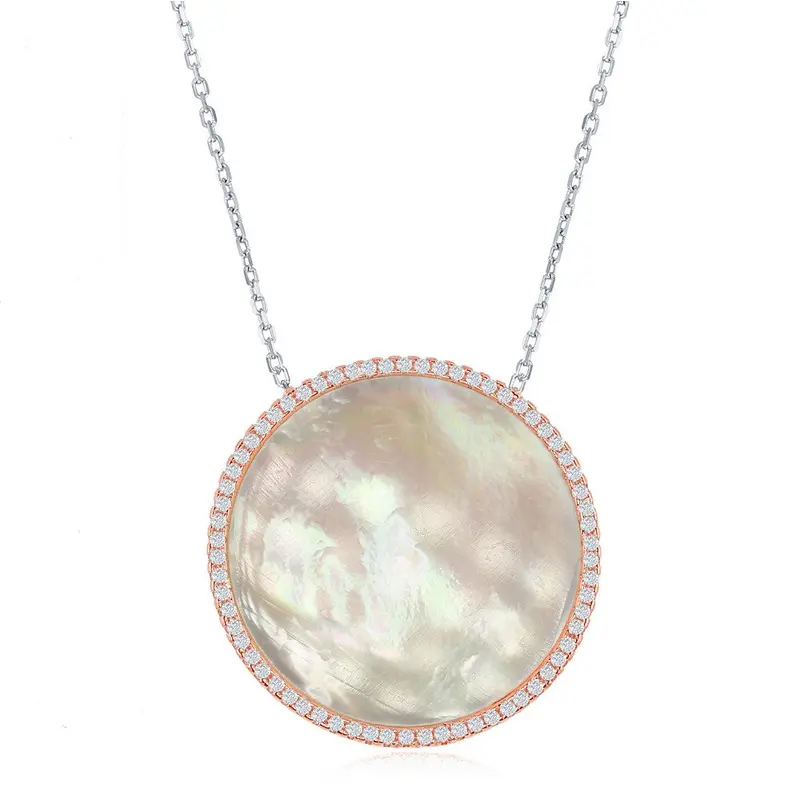 Sterling Silver Mother of Pearl Disc with CZ Border Necklace - Rose Gold Plated