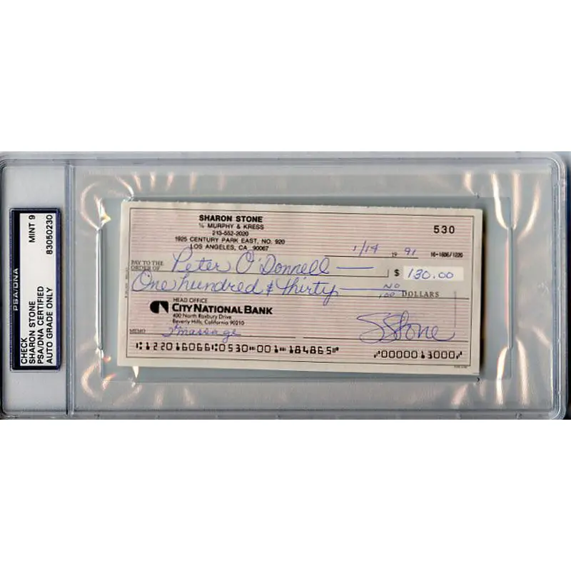 Sharon Stone Signed 1991 Personal Check Autographed PSA/DNA Slabbed Mint 9