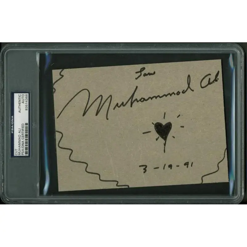 Muhammad Ali '3-19-91' Authentic Signed 5X7 Cut W/ Heart Sketch PSA/DNA Slabbed
