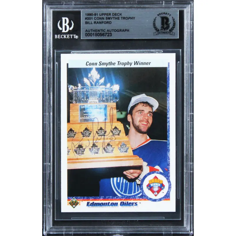 Oilers Bill Ranford Signed 1990 Upper Deck Conn Smythe Trophy #201 Card BAS Slab