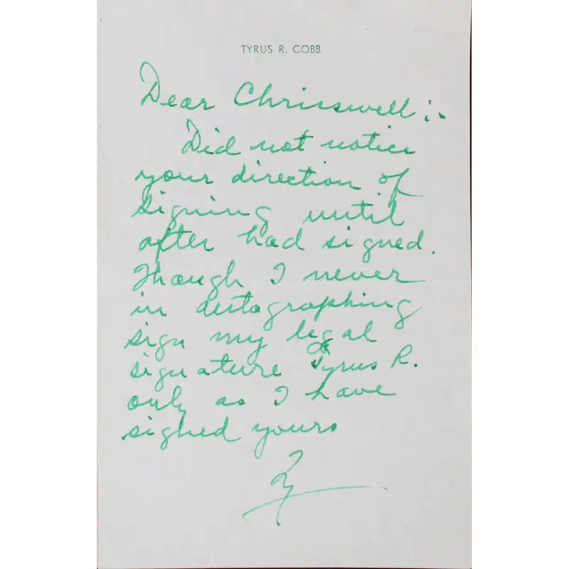 Tigers Ty Cobb Signed 4x6 Handwritten Letter On Personal Stationary BAS & PSA