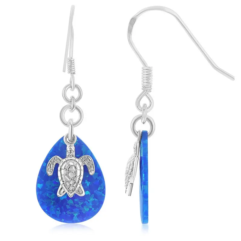 Sterling Silver Opal Teardrop and Turtle Fishhook Earrings