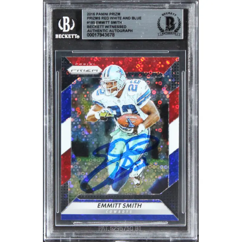 Cowboys Emmitt Smith Signed 2016 Panini Prizm RWB #185 Card BAS Slabbed