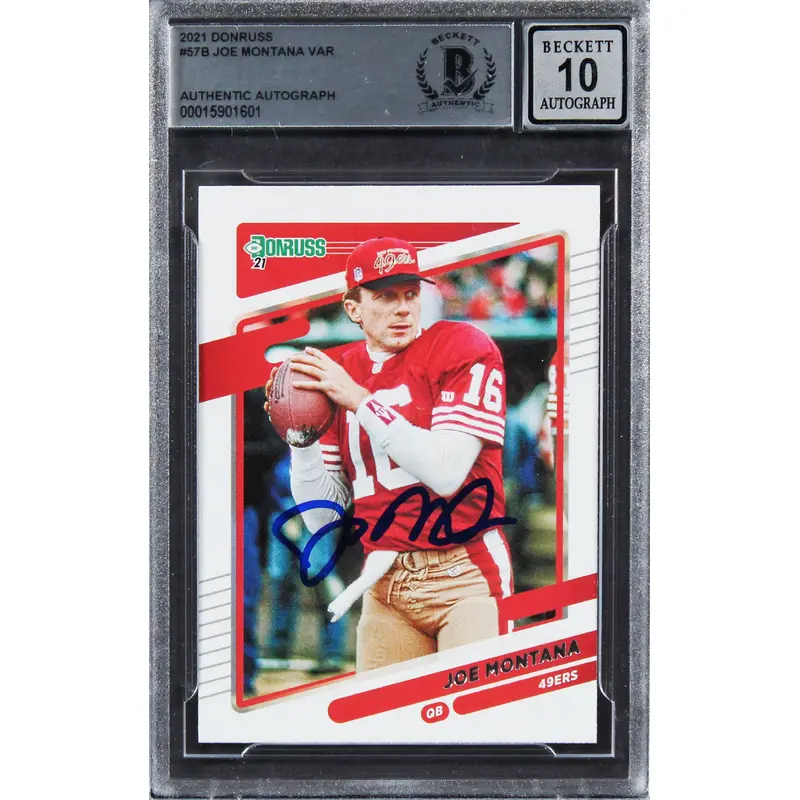 49ers Joe Montana Signed 2021 Donruss #57B Var Card Auto Graded 10! BAS Slabbed