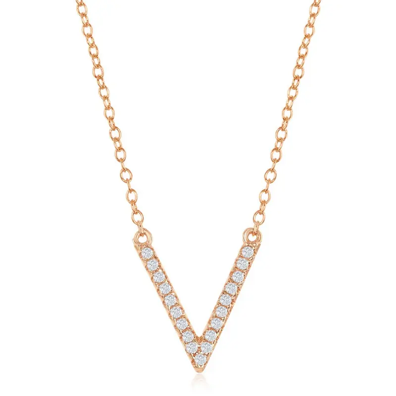 Sterling Silver CZ V Necklace - Rose Gold Plated