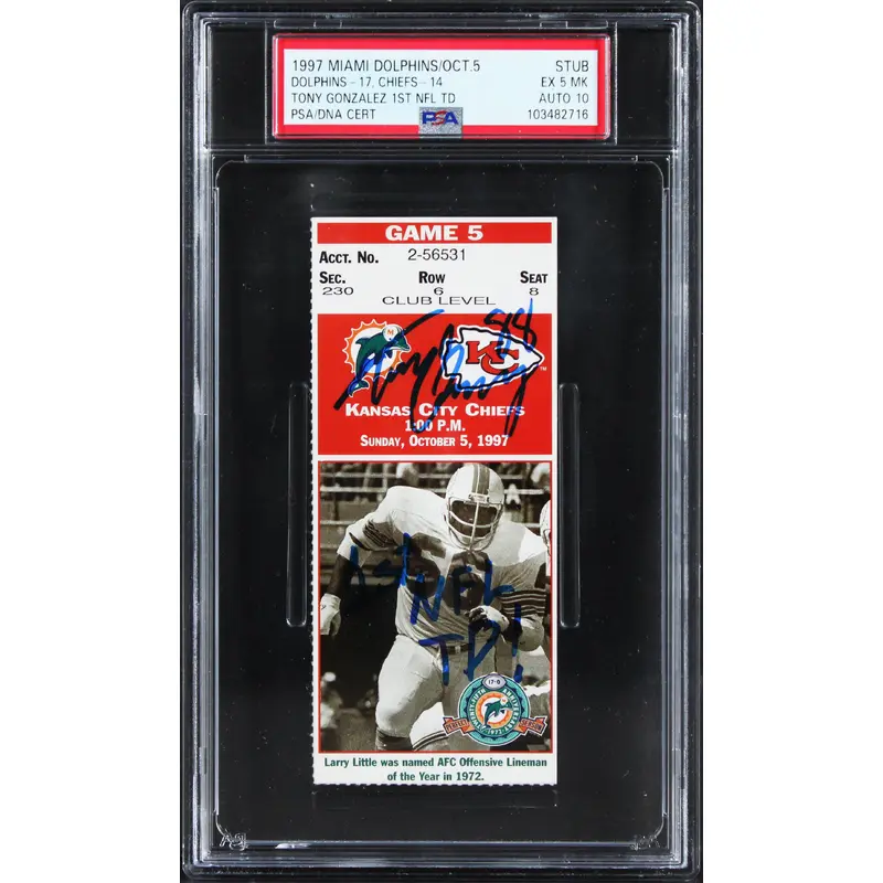 Tony Gonzalez Signed "1st NFL TD!" 1997 Ticket Stub Grade EX 5 Auto 10! PSA Slab