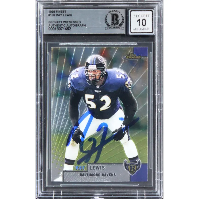 Ravens Ray Lewis Signed 1999 Finest #106 Card Auto Graded Mint 10! BAS Slabbed