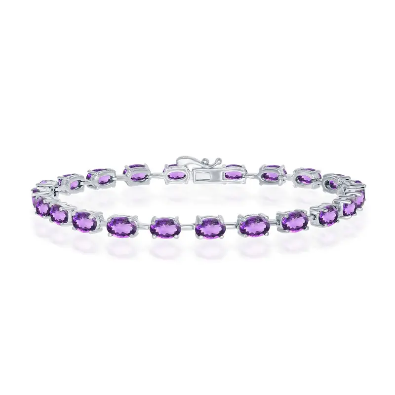 Sterling Silver, 6x4mm Oval, 8.68cttw Amethyst Gem Tennis Bracelet