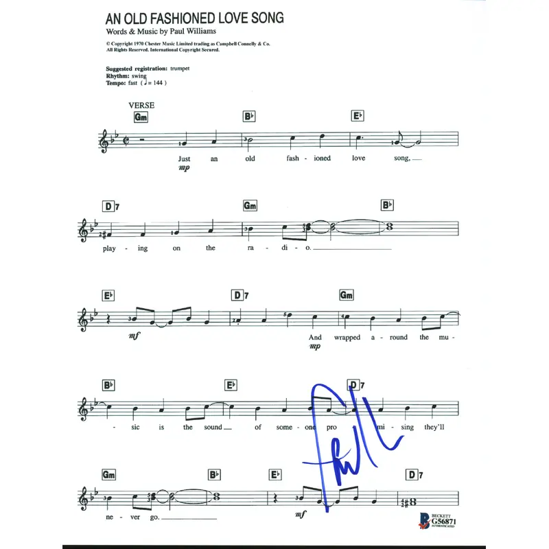Paul Williams Authentic Signed 8.5x11 Music Sheet Photo Autographed BAS #G56871