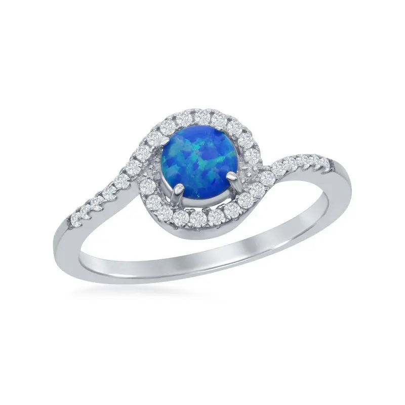 Sterling Silver Round Blue Inlay Opal with Half CZ Border Ring