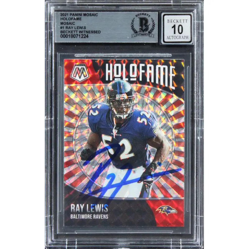 Ravens Ray Lewis Signed 2021 Panini Mosaic Holofame #1 Card Auto 10! BAS Slabbed